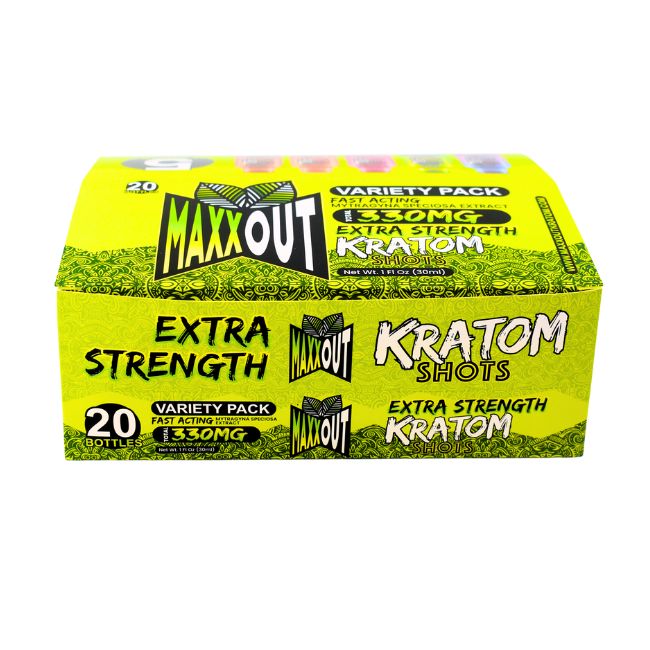 MAXX OUT VARIETY PACK FAST ACTING 330MG KRATOM SHOTS 1FL OZ 30ML BOTTLE 20CT/ BOX