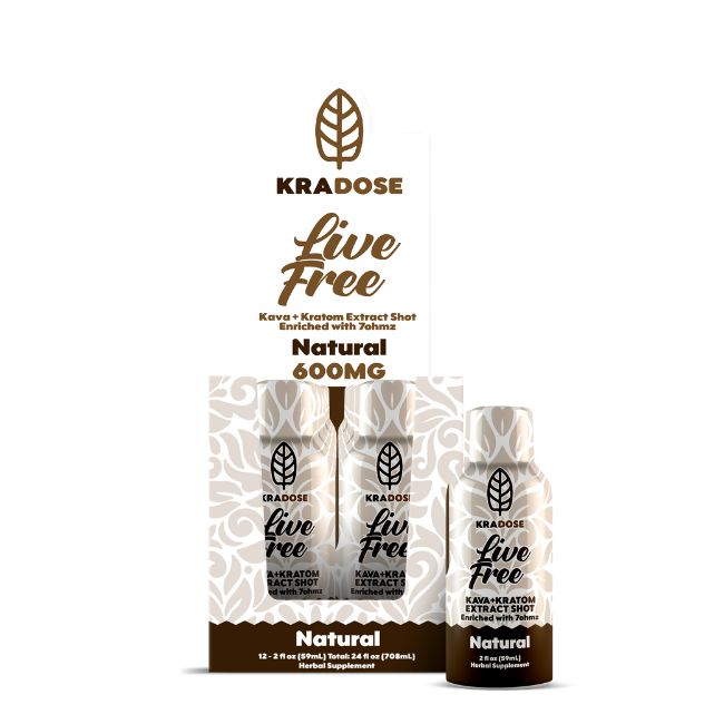 KRADOSE LIVE FREE KAVA + KRATOM EXTRACT ENRICHED WITH 7OHMZ 600MG (59ML) SHOT 12CT/ BOX - Image 2