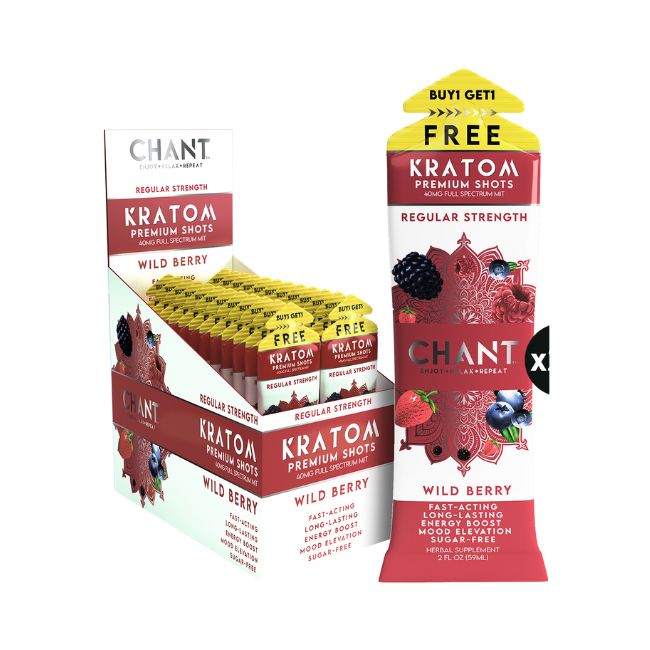 CHANT KRATOM PREMIUM SHOTS 40MG REGULAR STRENGHT FULL SPECTRUM MIT SUGAR FREE 24CT BOX WILD BERRY