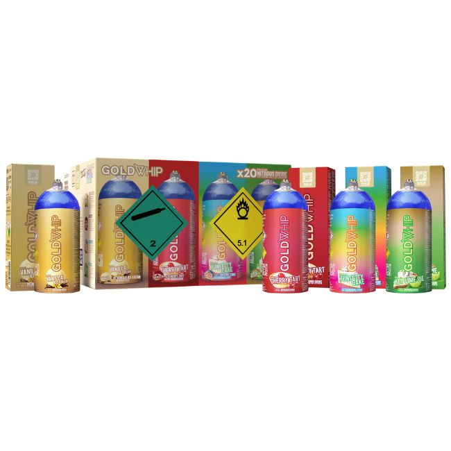 GOLD WHIP N2O 200G / 0.3L MINI TANKS VANILLA+CHERRY+FUNNFETTY CAKE+KEYLIME PIE CHARGER 20CT/ BOX
