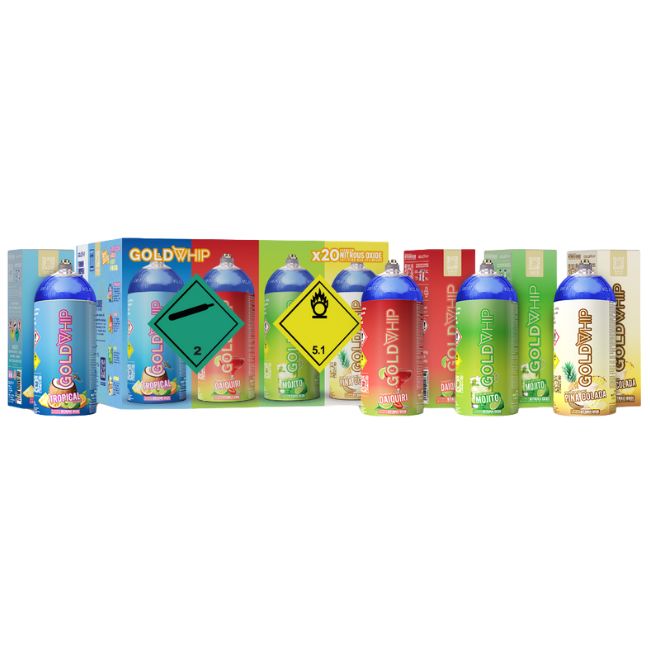 GOLD WHIP N2O 200G / 0.3L MINI TANKS TROPICAL+DAIQUIRI+MOJITO+PINA COLADA CHARGER 20CT/ BOX