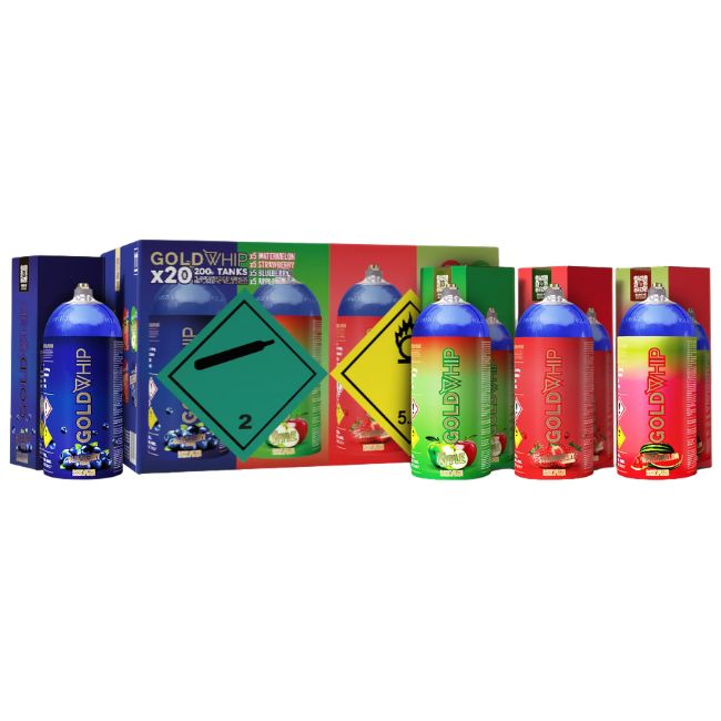 GOLD WHIP N2O 200G / 0.3L MINI TANKS WATERMELON+STRAWBERRY+BLUEBERRY+APPLE CHARGER 20CT/ BOX