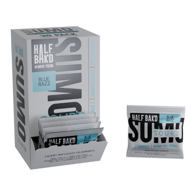 HALF BAK'D SUMO SOUR'D THC-P + D9-THC + D8-THC + CBD 840MG 2PK GUMMIES 30CT/ BOX - Image 2