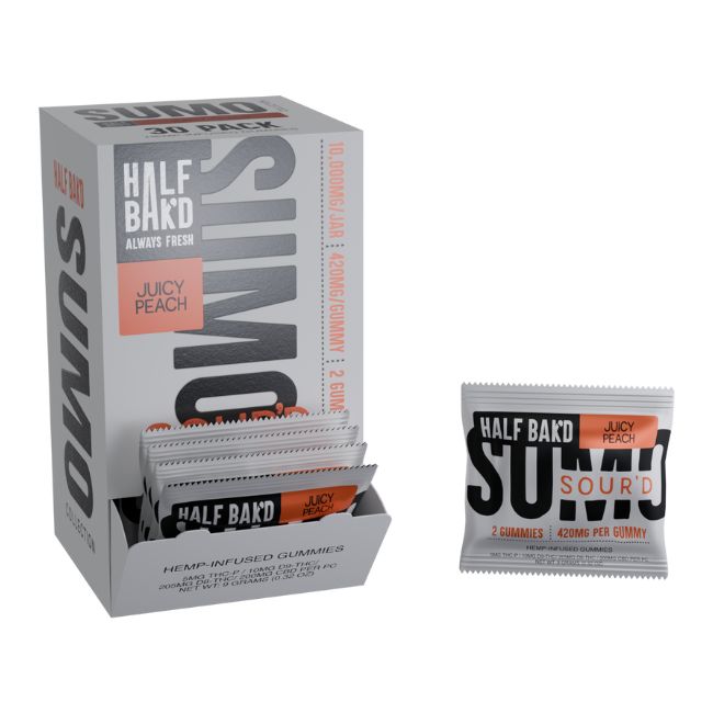 HALF BAK'D SUMO SOUR'D THC-P + D9-THC + D8-THC + CBD 840MG 2PK GUMMIES 30CT/ BOX - Image 3