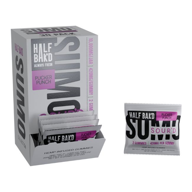 HALF BAK'D SUMO SOUR'D THC-P + D9-THC + D8-THC + CBD 840MG 2PK GUMMIES 30CT/ BOX - Image 4