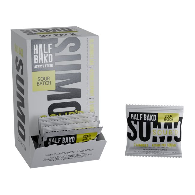 HALF BAK'D SUMO SOUR'D THC-P + D9-THC + D8-THC + CBD 840MG 2PK GUMMIES 30CT/ BOX - Image 5