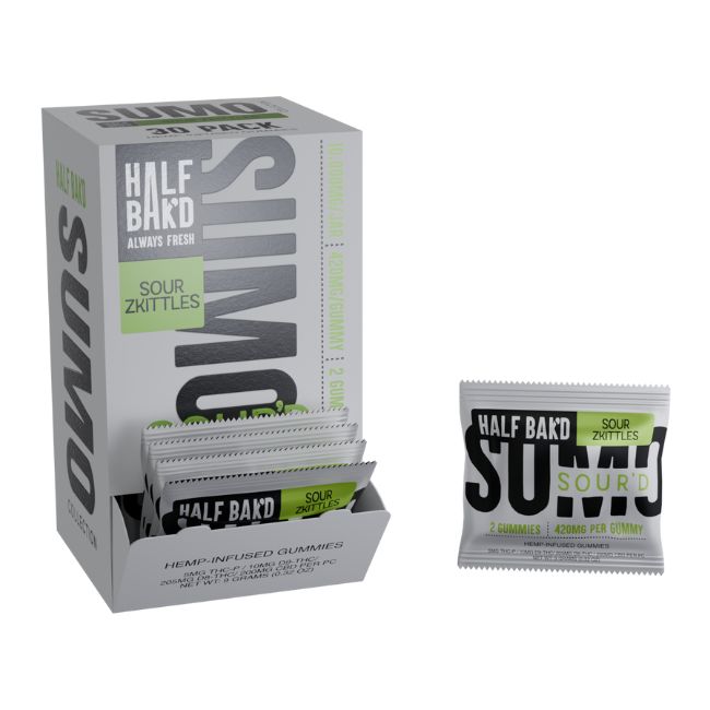 HALF BAK'D SUMO SOUR'D THC-P + D9-THC + D8-THC + CBD 840MG 2PK GUMMIES 30CT/ BOX - Image 6