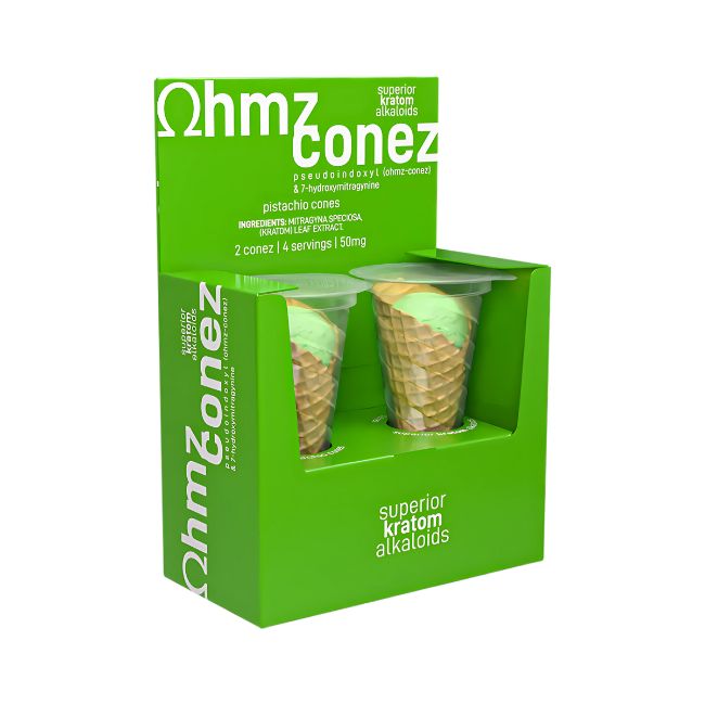 EAT OHMZ CONEZ BY EXODUS PSEUDO + 7-HYDROXY KRATOM 50MG PISTACHIO CONES 2CT/ BOX - Image 2