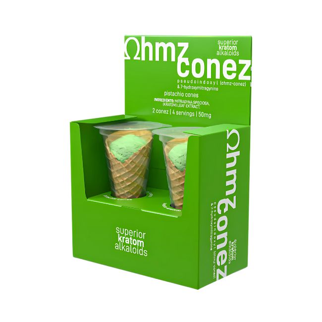 EAT OHMZ CONEZ BY EXODUS PSEUDO + 7-HYDROXY KRATOM 50MG PISTACHIO CONES 2CT/ BOX - Image 3