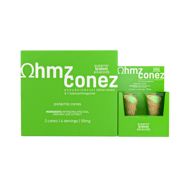 EAT OHMZ CONEZ BY EXODUS PSEUDO + 7-HYDROXY KRATOM 50MG PISTACHIO CONES 2CT/ BOX - Image 4