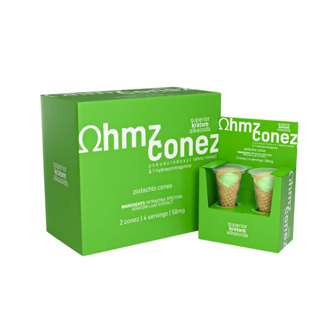EAT OHMZ CONEZ BY EXODUS PSEUDO + 7-HYDROXY KRATOM 50MG PISTACHIO CONES 2CT/ BOX - Image 5