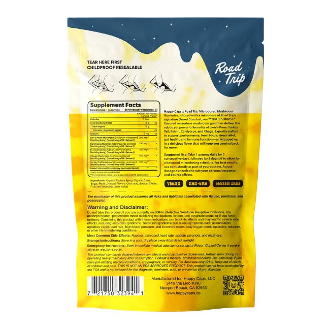 ROAD TRIP X HAPPY CAPS MICRODOSED BLEND MUSHROOM GUMMIES 20CT/6PK - Image 3