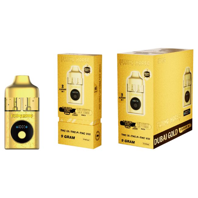 FLYING HORSE DUBAI GOLD THC IX+THCP+THC VIII 3 IN 1 FLAVOR 9GM DISPO 5CT/ BOX - Image 5