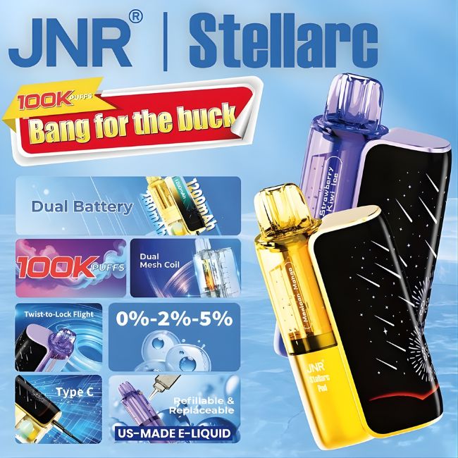 JNR STELLARC 5% DISPOSABLE KIT (150ML) 100K PUFFS 5CT/ BOX (2 BOTTLES OF E-LIQ INCLUDED) - Image 4