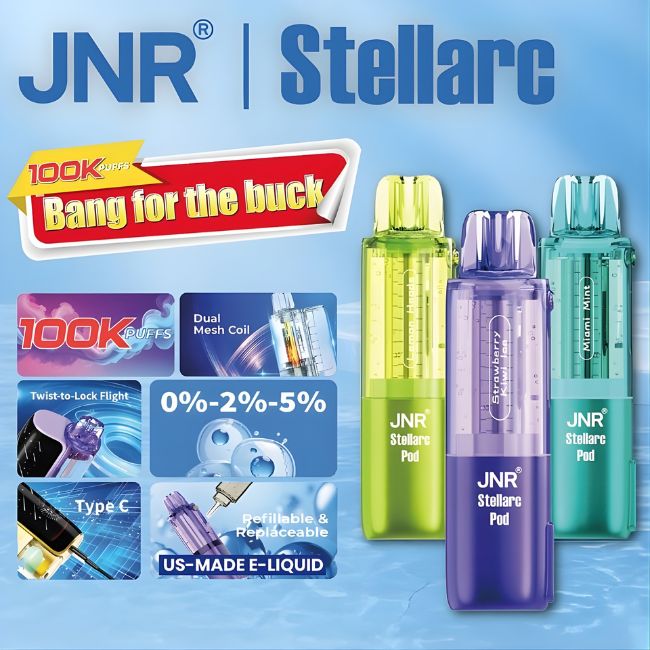 JNR STELLARC 5% DISPOSABLE POD (150ML) 100K PUFFS 5CT/ BOX (2 BOTTLES OF E-LIQ INCLUDED) - Image 6