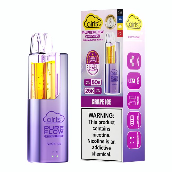 AIRIS PURE FLOW SWITCH 5% DISPOSABLE POD (50ML) GTR. MODE - 25K & ECO. MODE - 50K PUFFS 5CT/ BOX - Image 8