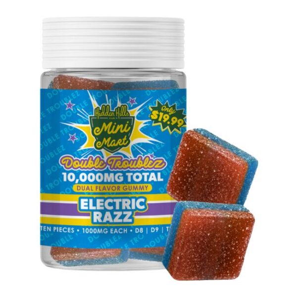 HIDDEN HILLS MINI MART DOUBLE TROUBLEZ D8 + D9 + THCP DUAL FLAVOR 10,000MG GUMMIES 10CT/ JAR