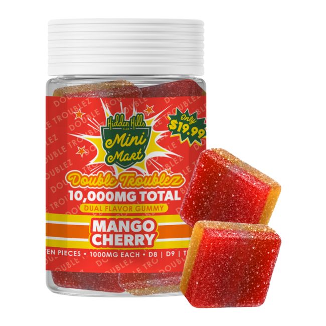 HIDDEN HILLS MINI MART DOUBLE TROUBLEZ D8 + D9 + THCP DUAL FLAVOR 10,000MG GUMMIES 10CT/ JAR