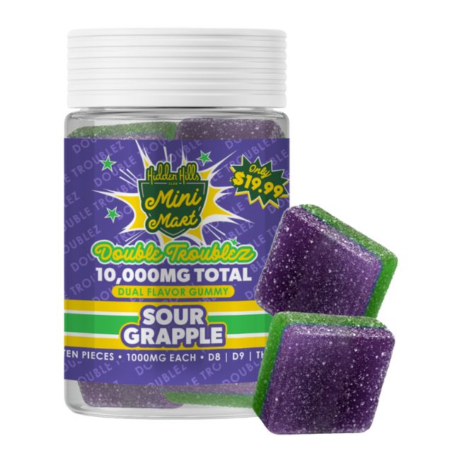 HIDDEN HILLS MINI MART DOUBLE TROUBLEZ D8 + D9 + THCP DUAL FLAVOR 10,000MG GUMMIES 10CT/ JAR