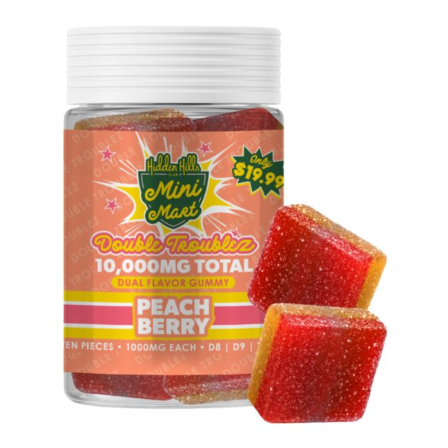 HIDDEN HILLS MINI MART DOUBLE TROUBLEZ D8 + D9 + THCP DUAL FLAVOR 10,000MG GUMMIES 10CT/ JAR