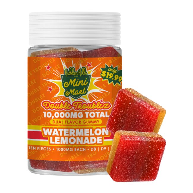 HIDDEN HILLS MINI MART DOUBLE TROUBLEZ D8 + D9 + THCP DUAL FLAVOR 10,000MG GUMMIES 10CT/ JAR