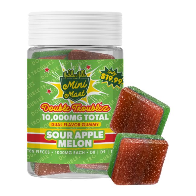 HIDDEN HILLS MINI MART DOUBLE TROUBLEZ D8 + D9 + THCP DUAL FLAVOR 10,000MG GUMMIES 10CT/ JAR