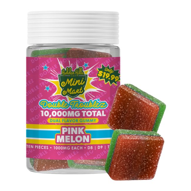 HIDDEN HILLS MINI MART DOUBLE TROUBLEZ D8 + D9 + THCP DUAL FLAVOR 10,000MG GUMMIES 10CT/ JAR
