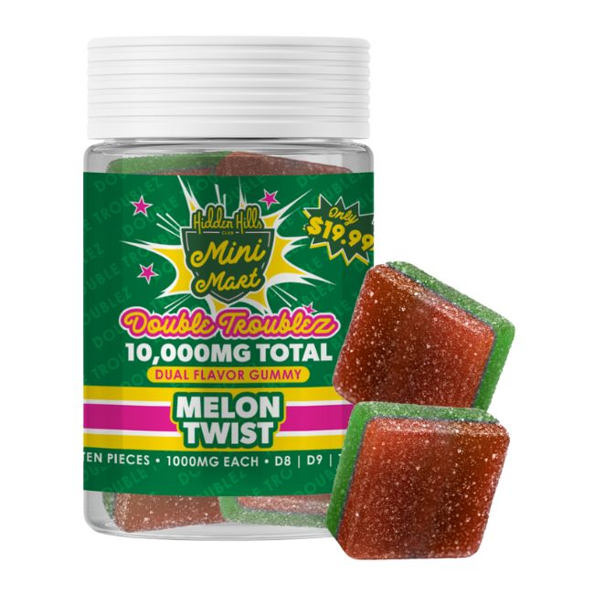 HIDDEN HILLS MINI MART DOUBLE TROUBLEZ D8 + D9 + THCP DUAL FLAVOR 10,000MG GUMMIES 10CT/ JAR