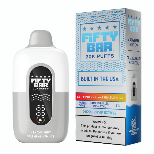 FIFTY BAR NIXODINE INSIDE 5% DISPOSABLE (90ML) 20K PUFFS 5CT/ BOX (BUILT IN USA)