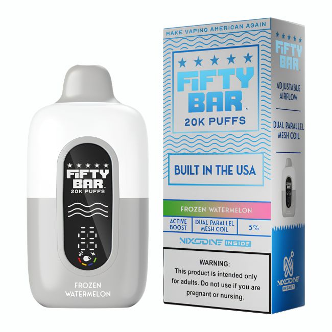 FIFTY BAR NIXODINE INSIDE 5% DISPOSABLE (90ML) 20K PUFFS 5CT/ BOX (BUILT IN USA)