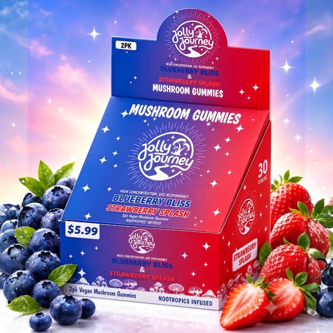 JOLLY JOURNEY NOOTROPICS INFUSED MUSHROOM VEGAN 60K MG GUMMIES 2PK 30CT/ BOX (PRE PRICED $5.99)