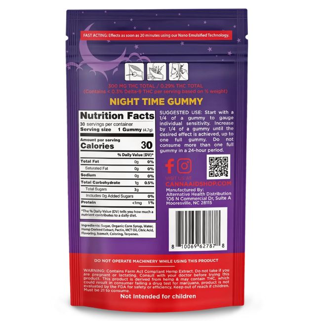CANNAAID D9-THC + CBD + CBN NIGHT TIME 900MG GUMMIES 30CT/ BAG