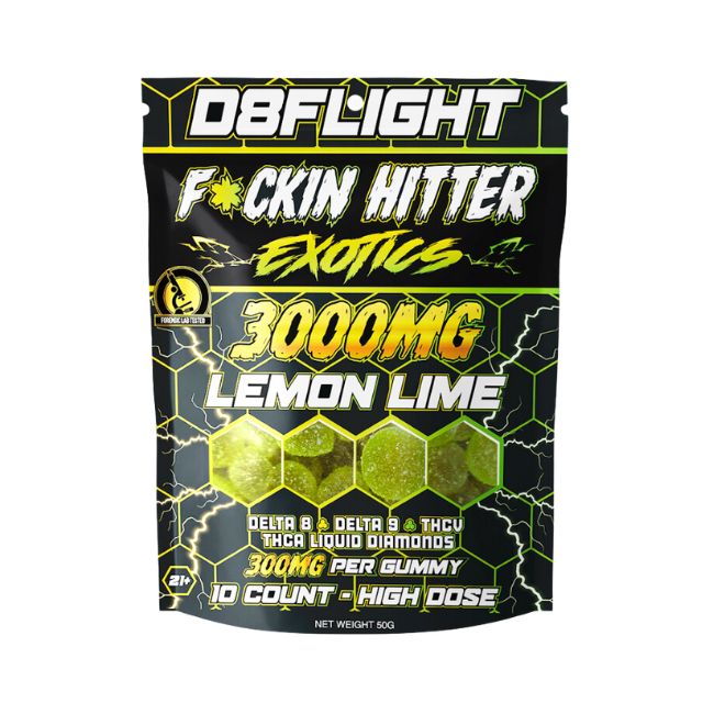 D8FLIGHT EXOTICS D8 + D9 + THCV + THCA LIQUID DIAMONDS 3000MG GUMMIES 10CT BAG