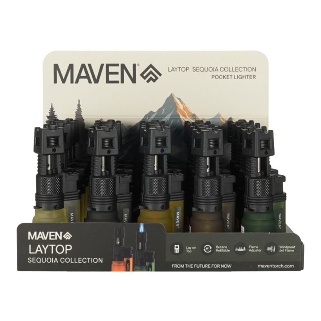 MAVEN LAYTOP SEQUOIA COLLECTION POCKET WIND PROOF TORCH LIGHTER 20CT/ DISPLAY