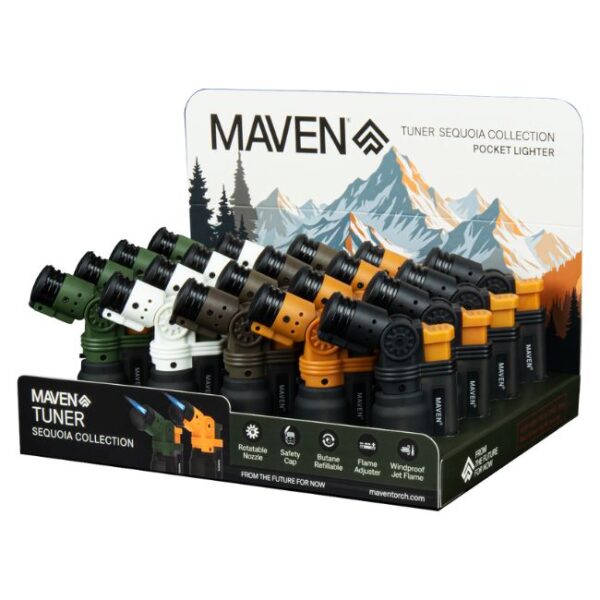 MAVEN TUNER SEQUOIA COLLECTION ROTATABLE POCKET TORCH LIGHTER MIX COLOR 20CT DISPLAY