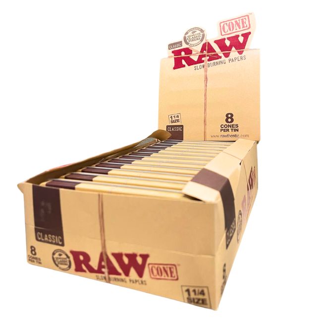 RAW CLASSIC CONE 1-1/4 SIZE 8 CONES PER TIN / 12 TINS DISPLAY