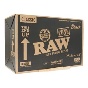RAW 98 SPECIAL BLACK BULK CONES WITH 26MM TIPS 800 CONES PER BOX RAW 98 SPECIAL BLACK BULK CONES WITH 26MM TIPS 800 CONES PER BOX
