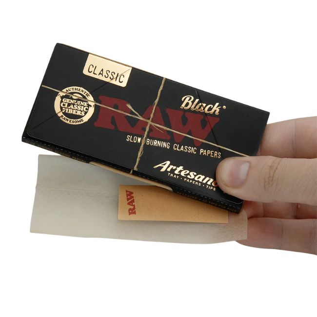 RAW BLACK ARTESANO KINGSIZE SLIM ROLLING PAPER TRAY PAPERS TIPS 15CT/BOX