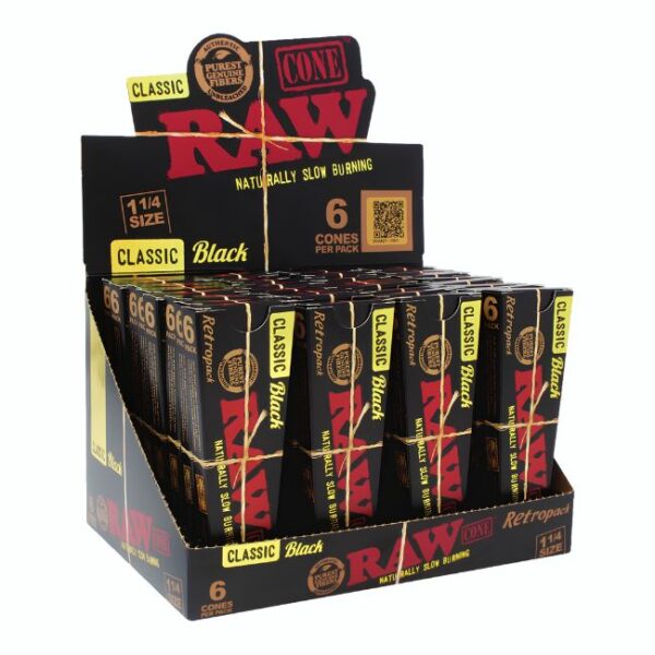RAW BLACK CLASSIC 1-1/4 SIZE CONES RETRO PACK 6CT/ 32PK BOX
