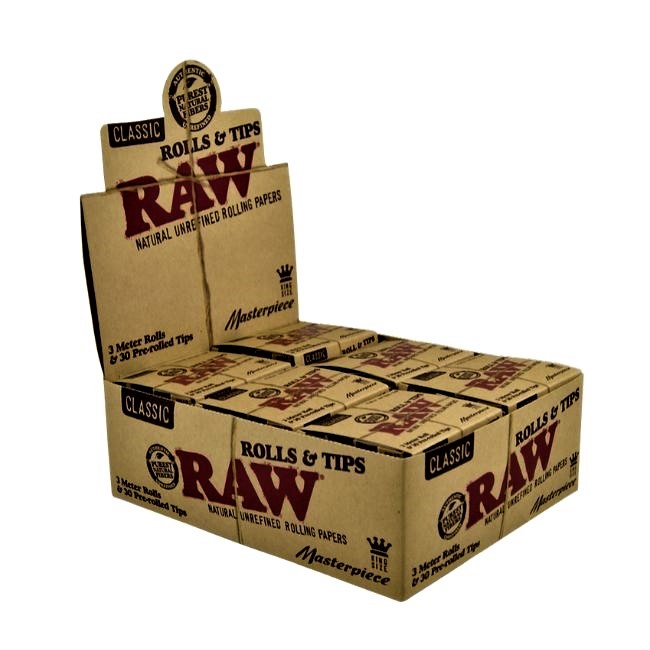 RAW CLASSIC ROLLS & TIPS KS MASTERPIECE 3M ROLL + 30 PRE ROLLED TIPS 12CT/BOX