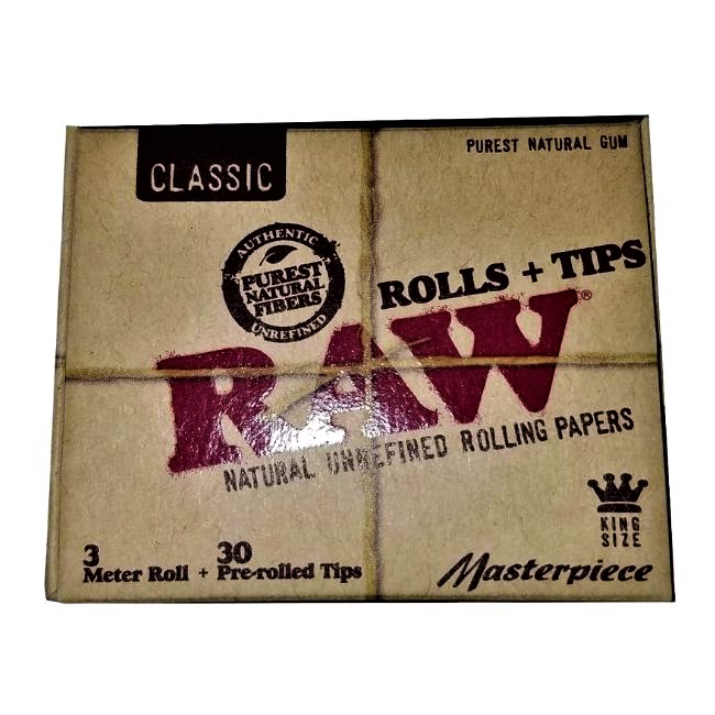 RAW CLASSIC ROLLS & TIPS KS MASTERPIECE 3M ROLL + 30 PRE ROLLED TIPS 12CT/BOX