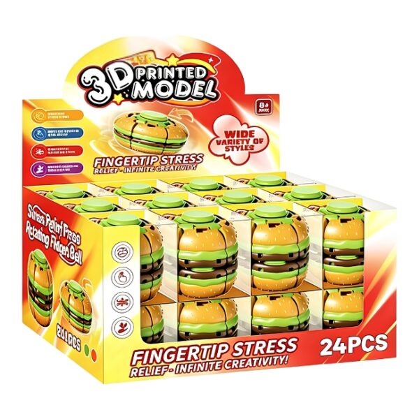 BURGER SHAPE 3D PRINTED MODEL FINGERTIP STRESS RELIEF-INFINITE CREATIVITY! 24CT/ DISPLAY