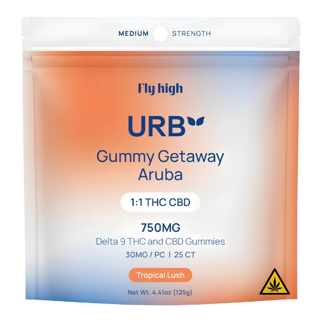 URB FLY HIGH 1:1 THC CBD GETAWAY ARUBA MEDIUM STRENGHT 750MG 25PK GUMMIES 6CT/ BOX
