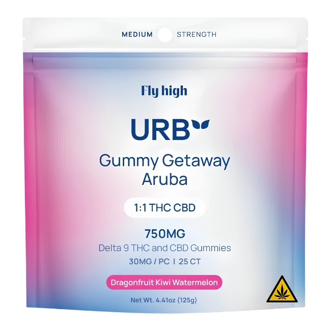 URB FLY HIGH 1:1 THC CBD GETAWAY ARUBA MEDIUM STRENGHT 750MG 25PK GUMMIES 6CT/ BOX