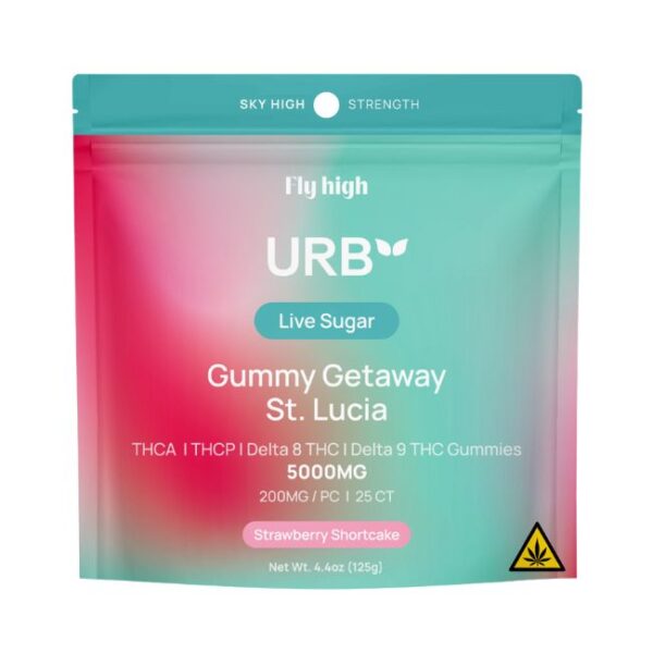 URB FLY HIGH LIVE SUGAR THCA+THCP+D8 THC D9 GETAWAY ST.LUCIA SKY HIGH STRENGHT 5000MG 25PK GUMMIES 6CT/ BOX