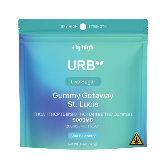 URB FLY HIGH LIVE SUGAR THCA+THCP+D8 THC D9 GETAWAY ST.LUCIA SKY HIGH STRENGHT 5000MG 25PK GUMMIES 6CT/ BOX