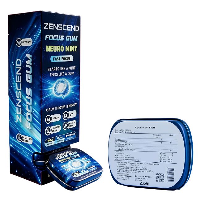 ZENSCEND INSTANT FOCUS.ENERGY.CLARITY GUM NEURO MINT 12 PCS PER TIN 10CT/ BOX